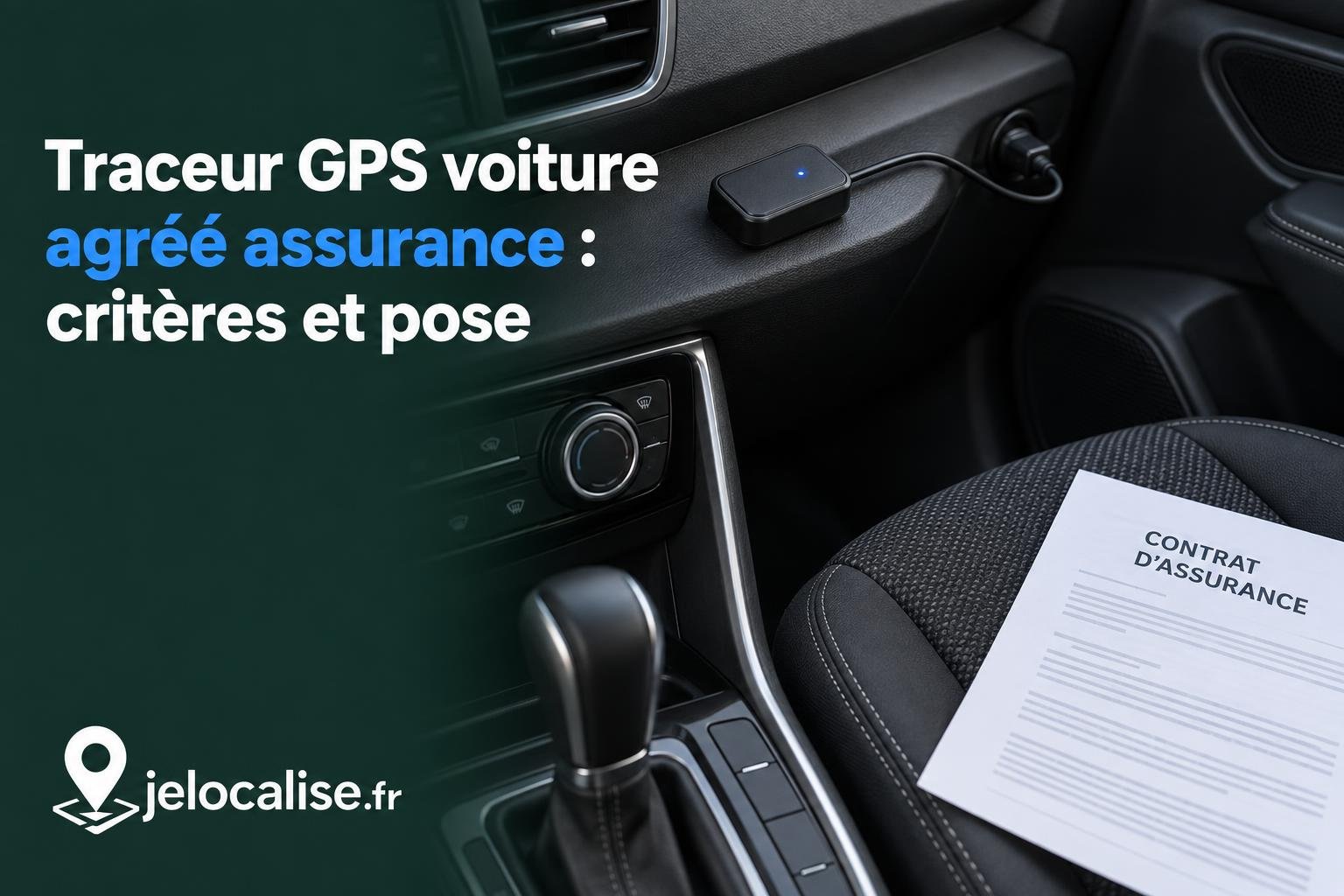 Coque de voiture avec un traceur GPS posé sur le tableau de bord et un contrat d’assurance sur le siège côté passager.