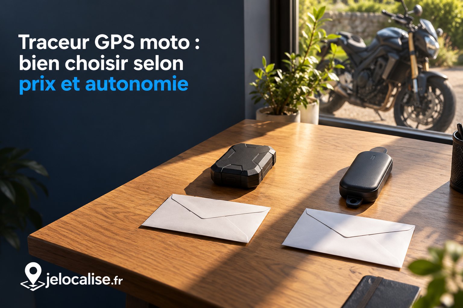 Traceur GPS moto posé sur une table en bois avec deux enveloppes et une moto visible à l’extérieur par la fenêtre.